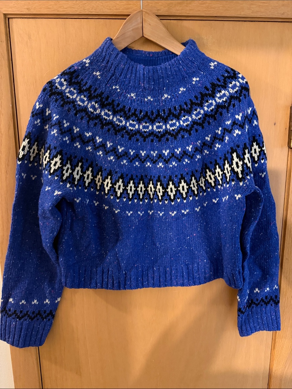 J. Crew Women’s Wide Mockneck Fair Isle Knit Cropped Sweater Wool Blue Small